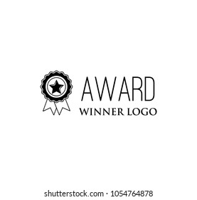 Star badge. Winner award. Medal with ribbon. Champions symbol. Vector illustration. Winner logo. Trophy icon