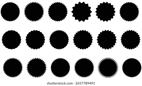 Insignias de estrella Plantilla circular en negro, rojo y verde con fondo blanco. Etiqueta de Precio de venta. Stocker starburs, pegatina. ilustrador de Vector.