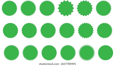 Insignias de estrella Plantilla circular en negro, rojo y verde con fondo blanco. Etiqueta de Precio de venta. Stocker starburs, pegatina. ilustrador de Vector.