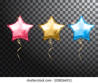 Star balloon colorful set on transparent background. Party balloons event design decoration. Balloons isolated air. Mockup for balloon print. Stocking Christmas decorations. Vector isolated object.