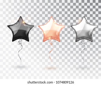 Star balloon on transparent background. Party helium balloons event design decoration. Balloons isolated air. Mockup for balloon print. Stocking Christmas decorations. Vector isolated object.