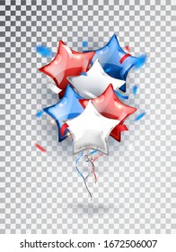 Star Balloons in national colors of the american flag isolated on transparent background. Design element. Vector elements for design national holiday backgrounds or birthday party.