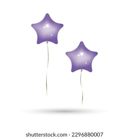 Star balloons in purple solid colour with gold ribbons. Isolated on white background with shadow, mockup template object. Realistic 3D vector illustration.