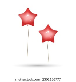 Star balloons in red solid colour with gold ribbons. Isolated on white background with shadow, mockup template object. Realistic 3D vector illustration.