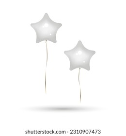 Star balloons in white solid colour with gold ribbons. Isolated on white background with shadow, mockup template object. Realistic 3D vector illustration.