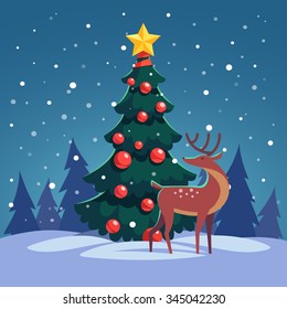 Star And Balls Decorated Christmas Tree With Wild Reindeer Standing In The Night Forest. Flat Style Isolated Vector Illustration.