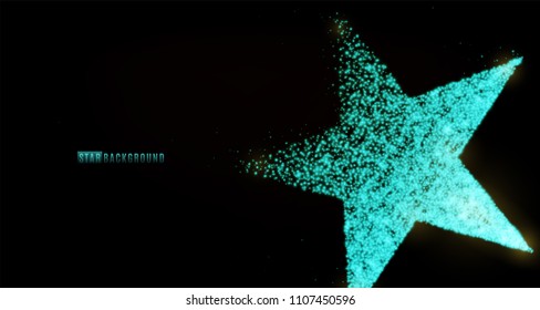 Star banner background design with glowing particles isolated on dark black backdrop. Copy space. Light blue silver star shape consist of shine, glitter, glow, spark effect. Vector illustration