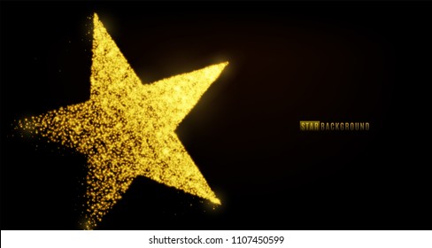 Star banner background design with glowing particles isolated on dark black backdrop. Copy space. Light golden star shape consist of shine, glitter, glow, spark effect. Vector illustration