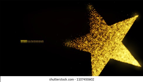 Star banner background design with glowing particles isolated on dark black backdrop. Copy space. Light golden star shape consist of shine, glitter, glow, spark effect. Vector illustration