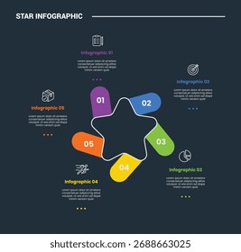 Forma de base da estrela diagrama de processo infográfico com estrela central com retângulo redondo gira em torno com fundo escuro brilhante contorno estilo 5 pontos vetor