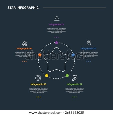 Star Base shape infographic process diagram with outline circle with cycle circular with round star center with dark background bright outline style 5 points vector