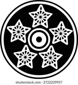Motivo de batik estrella en círculo con motivos tradicionales de batik indonesio combinados con una forma geométrica de estrella. La composición circular simboliza la armonía, el equilibrio y la unidad, combinando el patrimonio cultural con un estilo decorativo moderno. Adecuado para la marca, diseño de logotipos, patrones textiles, fondos y proyectos de temática cultural.