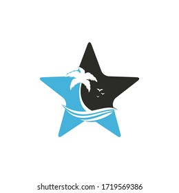 Logo de Star Beach y del vector de palmera. Cartel de viaje y turismo.