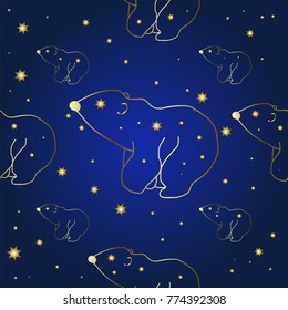 Star bears on a blue background surrounded by shining stars - pattern vector