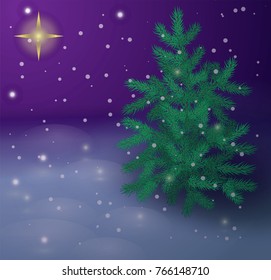 Star of Bethlehem. Christmas star. Navidad. Vector illustration with christmas pine tree, snowflakes and night sky