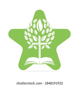 Diseño del logotipo del árbol cruzado de la Biblia de Star. Diseño de plantillas de vectores cruzados de árboles de la iglesia de la estrella cristiana.