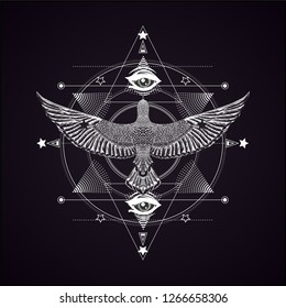 Star and bird and all seeing eye. Black and white illustration.
