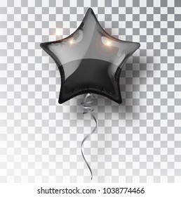 Star black balloon on transparent background. Party balloons event design decoration. Balloons isolated air. Mockup for balloon print. Stocking Christmas decorations. Vector isolated object