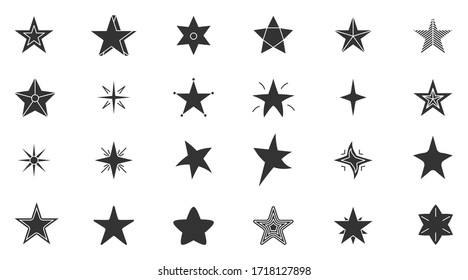 Star black icon set. Abstract template different shape stars. Empty starry sign for design logo. Silhouette classic rank reward in game or web site premium rating Isolated on white vector illustration