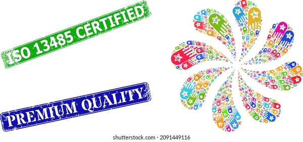 Star bolide icon multi colored curl burst petals salute composition, and textured ISO 13485 Certified stamp seal. Blue Premium Quality and green ISO 13485 Certified rectangle grunge seal stamps.
