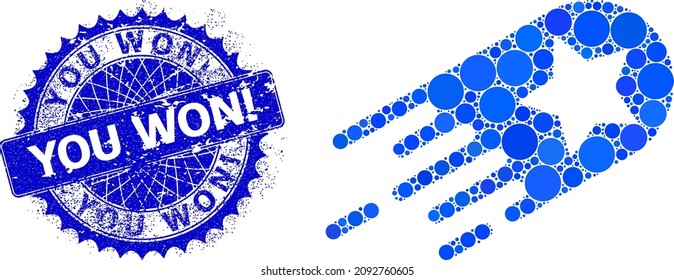 Star Bolide Vector Composition Of Round Dots In Variable Sizes And Blue Color Tones, And Scratched You Won Stamp Seal. Blue Round Sharp Rosette Stamp Includes You Won Text Inside.