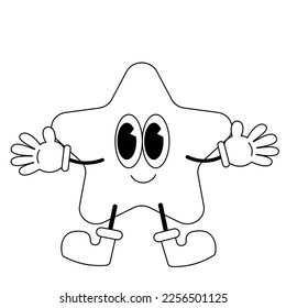 Star in boots. Illustration Character in Groovy cartoon style. Black and white