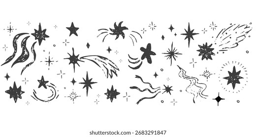 Estrella borde chispa crayón bling estrellas caídas texturizado dibujado a mano divisor. Elementos brillantes festivos del espacio de la tiza simple, luces festivas 