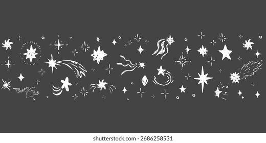 Estrella borde chispa blanco crayón bling estrellas caídas con textura dibujado a mano divisor sobre fondo oscuro. Elementos brillantes festivos del espacio de la tiza simple, luces festivas 