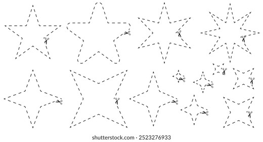 La ilustración de línea discontinua negra de bordes de estrella aisló muchas variaciones con tijeras. Iconos del vector en estilo plano