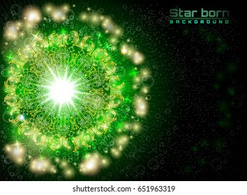 Star born in space with starry sky green background