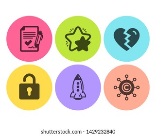 Star, Break up and Rocket icons simple set. Lock, Approved agreement and Copywriting network signs. Customer feedback, Divorce. Flat star icon. Circle button. Vector
