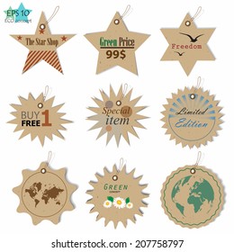 STAR brochure tag collection made from brown recycled paper, icon and symbol design, vector illustration