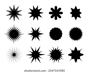 Insignia de explosión de estrella. Etiquetas engomadas negras del sunburst. Iconos de venta flash. Etiqueta retro starburst de círculo redondo. Etiquetas de Precio. Formas de sello geométrico. Símbolos de explosión. Abstractas rayo solar. Conjunto de Vector de salpicaduras de silueta