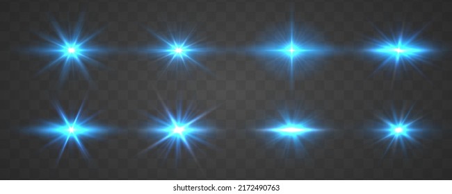 The star burst with brilliance. Blue glowing light explodes with sparkles. Glittering elements on transparent background. Effect of bright glow of blue stars. Abstract sun burst, flare, glare. Vector