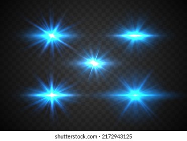 The star burst with brilliance. Blue glowing light explodes with sparkles. Glittering elements on transparent background. Effect of bright glow of blue stars. Abstract sun burst, flare, glare. Vector