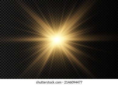 The star burst with brilliance, flare of sunshine with rays, glow bright star, yellow glowing light burst on a transparent background, yellow sun rays, golden light effect, vector illustration, eps 10