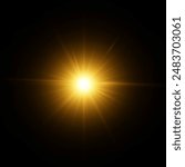 The star burst with brilliance, glow bright star, yellow glowing light burst on a transparent background, yellow sun rays, golden light effect, flare of sunshine with rays, vector illustration, eps 10