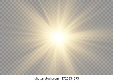 Star burst with brilliance, glow bright star, yellow glowing light burst on a transparent background, golden light effect, flare of sunshine with rays, yellow sun rays, vector illustration, eps 10