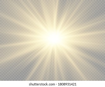 The star burst with brilliance, glow bright star, yellow glowing light burst on a transparent background, yellow sun rays, golden light effect, flare of sunshine with rays, vector illustration, eps 10