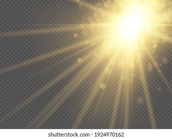 Star burst with brilliance, glow bright star, yellow glowing light burst on a transparent background, golden light effect, flare of sunshine with rays, yellow sun rays, vector illustration, eps 10