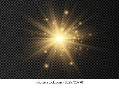 The Star Burst With Brilliance, Glow Bright Star, Yellow Glowing Light Burst On A Transparent Background, Yellow Sun Rays, Golden Light Effect, Flare Of Sunshine With Rays, Vector Illustration, Eps 10