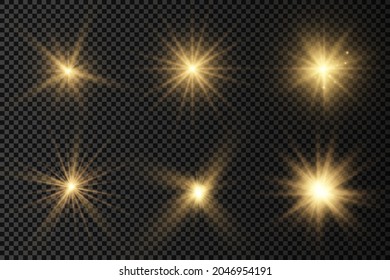 The star burst with brilliance, glow bright star, yellow glowing light burst on a transparent background, yellow sun rays, golden light effect, flare of sunshine with rays, vector illustration, eps 10