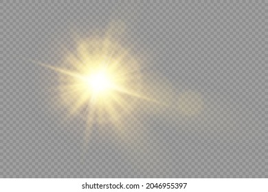 The star burst with brilliance, glow bright star, yellow glowing light burst on a transparent background, yellow sun rays, golden light effect, flare of sunshine with rays, vector illustration, eps 10