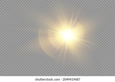 The star burst with brilliance, glow bright star, yellow glowing light burst on a transparent background, yellow sun rays, golden light effect, flare of sunshine with rays, vector illustration, eps 10