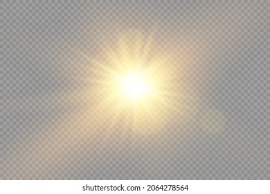 The star burst with brilliance, glow bright star, yellow glowing light burst on a transparent background, yellow sun rays, golden light effect, flare of sunshine with rays, vector illustration, eps 10