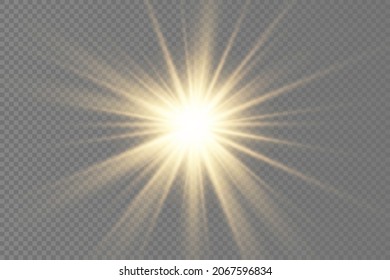 The star burst with brilliance, glow bright star, yellow glowing light burst on a transparent background, yellow sun rays, golden light effect, flare of sunshine with rays, vector illustration, eps 10