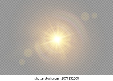 The star burst with brilliance, glow bright star, yellow glowing light burst on a transparent background, yellow sun rays, golden light effect, flare of sunshine with rays, vector illustration, eps 10