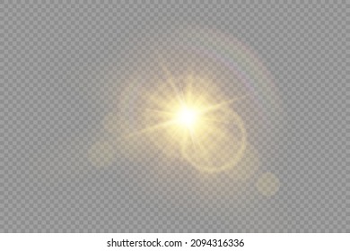 The star burst with brilliance, glow bright star, yellow glowing light burst on a transparent background, yellow sun rays, golden light effect, flare of sunshine with rays, vector illustration, eps 10