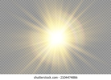 The star burst with brilliance, glow bright star, yellow glowing light burst on a transparent background, yellow sun rays, golden light effect, flare of sunshine with rays, vector illustration, eps 10