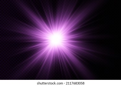 The Star Burst With Brilliance, Glow Bright Star, Purple Glowing Light Burst On A Transparent Background, Violet Sun Rays, Golden Light Effect, Flare Of Sunshine With Rays, Vector Illustration, Eps 10